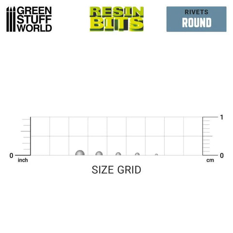 Size grid of Round Micro Rivets For Models And Miniatures, 3D Printed Resin Fasteners, Scale Models on white background