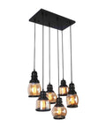 Antique Black Metal and Glass Jar Farmhouse Pendant Light With Six E26 Sockets, Industrial Hanging Fixture with lit bulbs