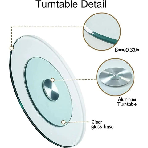 Detailed view of Big Glass Lazy Susan Rotating Turntable For Dining Table Display showing clear glass base and aluminum turntable.