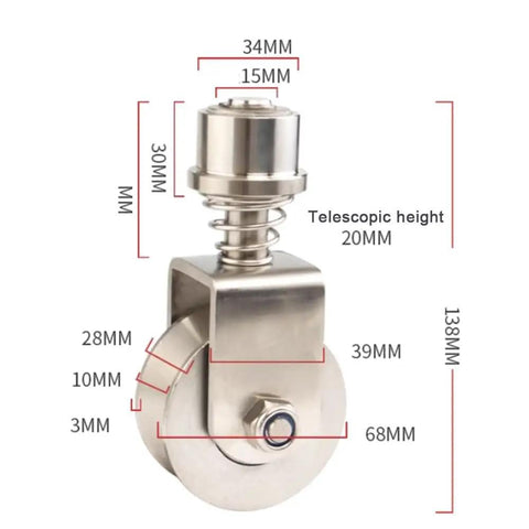 Heavy Duty 304 Stainless Steel Gate Wheels With V Groove Caster And Spring Loaded Setup For Rock Solid Rolling On Sliding Security Gates 68Mm 550Lbs Capacity Rust Proof with detailed measurements.