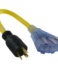 Straight Up Kickass One Point Five Foot Twenty Amp Twist Lock Power Cable Converts Male L5 Connector Into Three Nema Receptacles For Quick Generator Hooks On Site Today, showing yellow insulated cord and connectors.