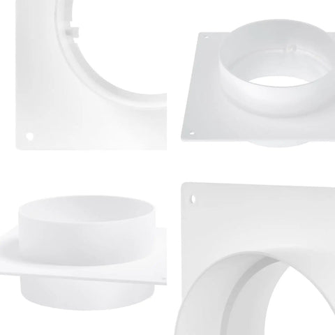 Heavy Duty Plastic Duct Connector Flange For Round Vent 4 Inch Easy Install DIY Wall Plate Adapter For HVAC Exhaust And Intake Coupling Airflow Fitting For Ventilation And Cooling Systems, white plastic close-up