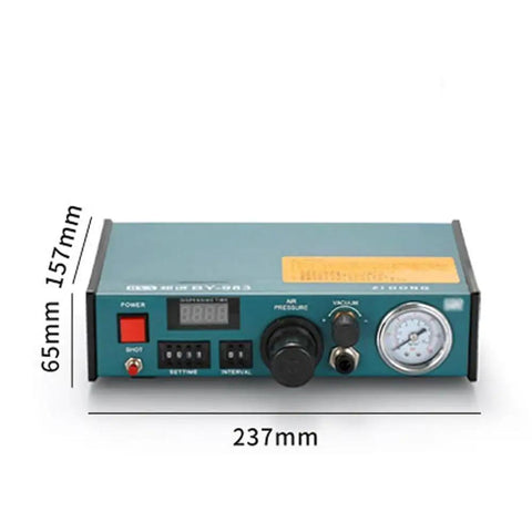 Semi Auto Adhesive Dispenser With Precise 0.01ml Drip Timing, Solenoid Controlled Glue Machine For Electronics, Automotive And Medical Assembly, Durable Aluminum Alloy Body, High Reliability; 237mm x 65mm x 157mm front view