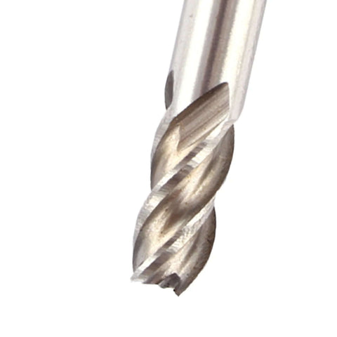 End mill cutter, 6mm, 4-flute spiral, metallic silver finish, close-up view