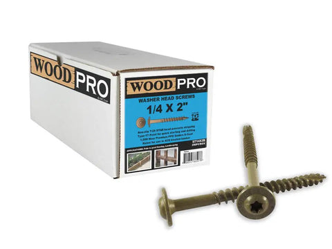 Exterior Wood Screws With Washer Head, Quarter Inch By Two Inch, 250 Pack, Torx Star Drive box and screws displayed