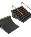 Two-piece Fingerboard Skateboard Ramp Set with stairs and curve, black plastic, 5.5x5.1x4.5 inches for kids training park