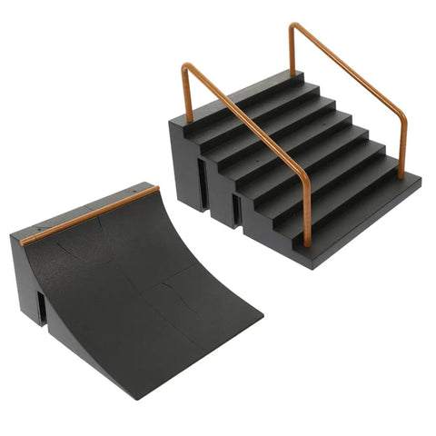 Two-piece Fingerboard Skateboard Ramp Set with stairs and curve, black plastic, 5.5x5.1x4.5 inches for kids training park