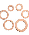110 Piece Copper Sealing Washer Set, Six Sizes, Flat Gasket Oil Seals For Plumbing And Automotive displayed on white background
