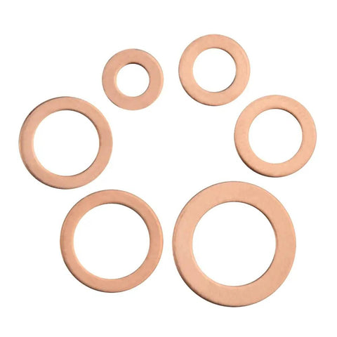 110 Piece Copper Sealing Washer Set, Six Sizes, Flat Gasket Oil Seals For Plumbing And Automotive displayed on white background