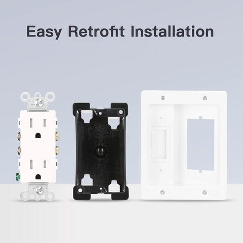 Components of All In One Wall Cable Concealer Kit for TV Setup, Recessed Outlet Box with Brush Wall Plate shown against white backdrop.