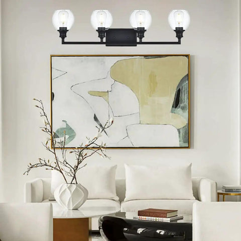 Four Light Vanity Light Fixture With Clear Globe Glass Shades Industrial Farmhouse Wall Lamp above living room art