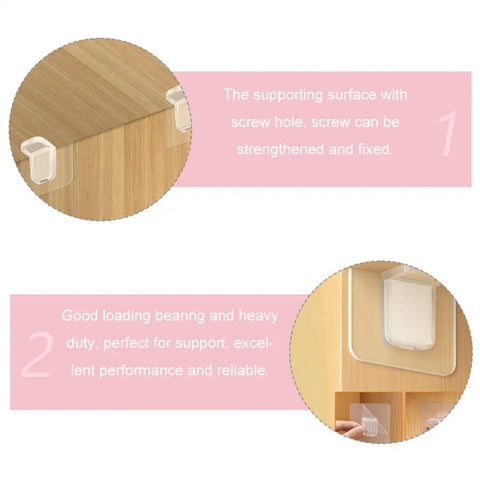 Close-up of Punch Free Closet Brackets 24 Pack Load Bearing ABS Shelf Supports on wooden surface and side view installation.