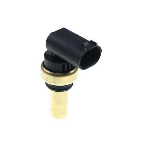 Coolant temperature sensor with brass stem and black plastic connector; angled side view.