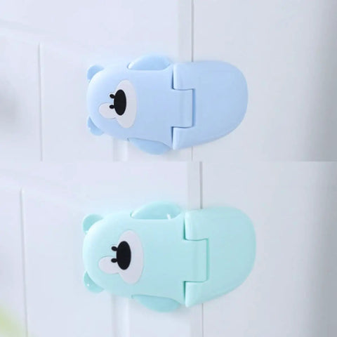 Bear Shaped Safety Locks For Drawers And Cabinets, Non Marking Adhesive, 3 Pack, visible on white cabinet doors