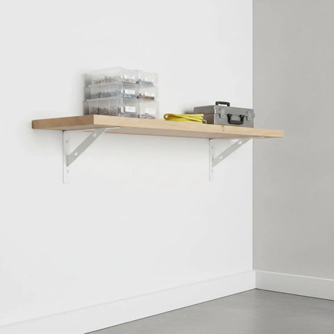 Fast Install White Iron Shelf Brackets For Floating Shelves with mounted wood shelf in room setup