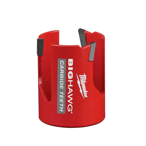 Milwaukee Big Hawg hole saw with carbide teeth, red body, front view.