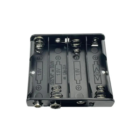 Heavy Duty AA Battery Holder With Snap Connector And Four Cell Capacity Built Tough Black Plastic Housing showing 4-cell arrangement and metal springs.