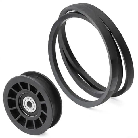 Must Have Idler Pulley And Drive Belt Combo Kit For Stens Z254F And CZ3815 Mowers, featuring black rubber parts.