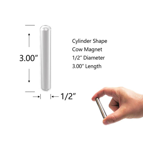 Built Damn Tough AlNiCo5 Cow Magnet 4 Pack Heavy Duty Cylinder Magnet with slick silver finish, 0.5 x 3 inches in hand.