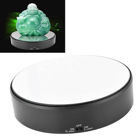 F&Y 360 Degree Electric Rotating Mirror Display Stand with flexible speed turntable showcasing a green statue.