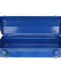 Heavy Duty Iron Tool Chest Organizer With Secure Padlock Clasp And Dual Carry Grips A Truly Badass Workshop Container For Mechanics And DIY Folks Who Want Zero Drama Organization, blue metal toolbox, open view.