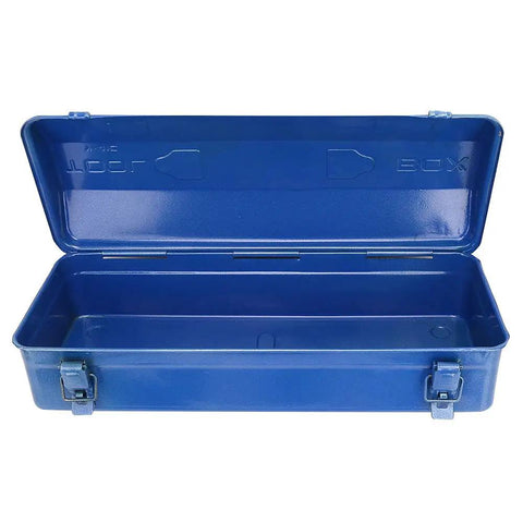 Heavy Duty All Steel Iron Toolbox Featuring A Bulletproof Self Locking Buckle And Smooth Retractable Telescopic Handle Built For Tough Job Sites And Garage Projects, blue open design.