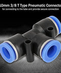 10 Pack Push To Connect Pneumatic Fittings 10mm 3 Eighth Inch Plug And Play Quick Connectors for Air Lines shown on gray background.