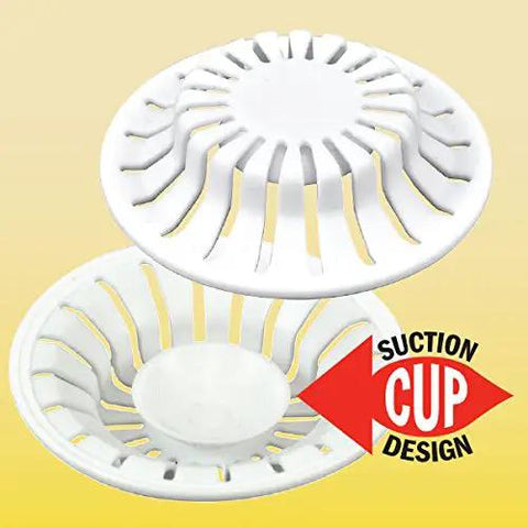 White Two Pack Bathroom Sink Hair Catcher With Heavy Duty Suction Cup For Pop Up Drains And One Inch Stopper, features two filter designs.