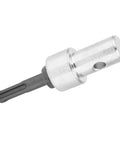 Electric Drill Earth Auger Adapter With Solid Metal Connector For Round Shank Drill Bits on white background, metal construction.
