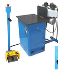 Heavy Duty One Horsepower Ring Roller Pinch Bend Machine For One And Quarter Round Square Tube And Pipe Mild Steel Bending Rig in blue with foot pedal and controls.