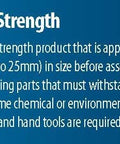 Permanent Strength Threadlocker Red For Three Eighths To One Inch Fasteners, 6 ml instructions text on blue background