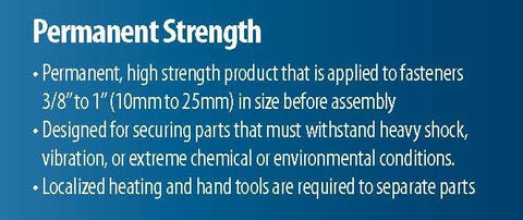 Permanent Strength Threadlocker Red For Three Eighths To One Inch Fasteners, 6 ml instructions text on blue background