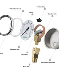 Elecall 60psi silicone oil-filled pressure gauge, 2-1/2in stainless steel case, lower-mount 1/4in NPT; exploded view.