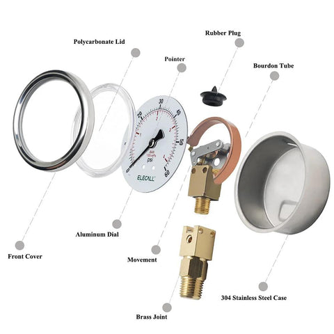 Elecall 60psi silicone oil-filled pressure gauge, 2-1/2in stainless steel case, lower-mount 1/4in NPT; exploded view.
