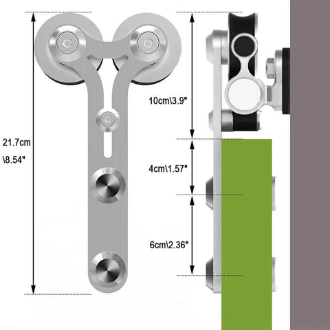 Diagram showing Y shape hanger dimensions for 6 Foot Barn Door Hardware Sliding Track Kit in Stainless Steel Built Tough For Single Wood Door