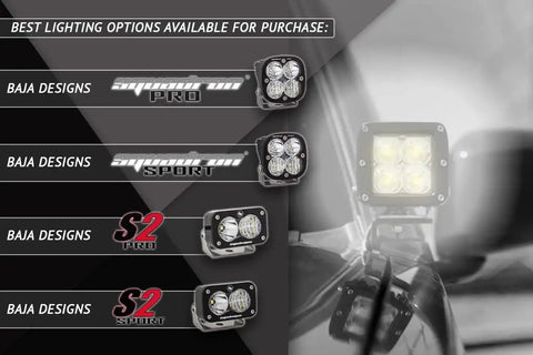Image showing Baja Designs lighting options including S2 Pro and S2 Sport led lights for vehicle enhancement.