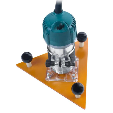 Built Like A Tank Smooth Operator Router Base Plate Fits 65Mm Trimmers mounted on a sturdy orange triangular base for precision milling.