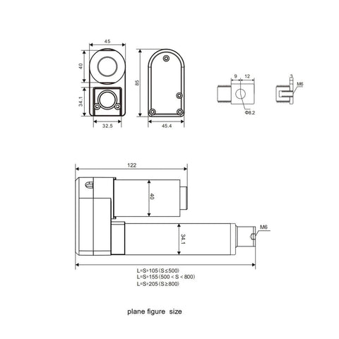 Technical drawing of Beefy 24V DC Linear Actuator With 1500N Lift Power 100mm To 350mm Stroke Options Flat Mount Type