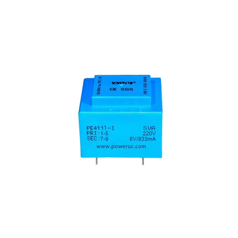 Epoxy Encapsulated Vacuum Transformer For PCB Mounting With Safety Isolation, 5VA, 110-380V Primary And 6V 7.5V 9V 12V 15V 18V Or 24V Secondary Options, 230V 12V Compatible, blue PCB mount