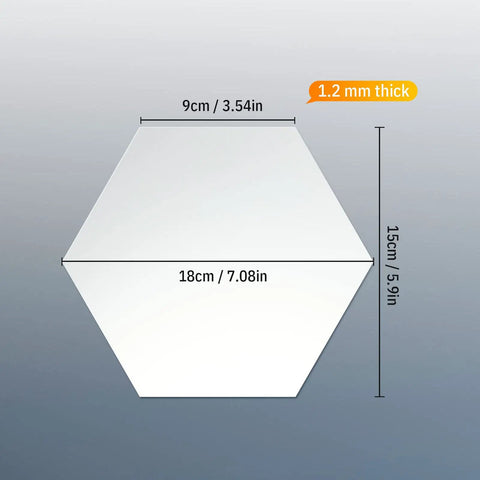 24 Piece Dope Hexagon Mirror Wall Sticker Set dimensions detailed view, showing 9cm and 18cm sides, removable acrylic honeycomb design.