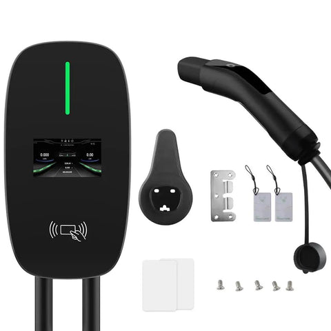 Tesla Level 2 EV Charger 48 Amp Wall Charger Hardwired WiFi Enabled With Smart App Control displayed with accessories
