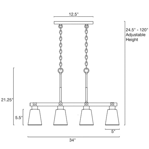 Dimensions diagram of Asher 34-Inch 4-Light Farmhouse Kitchen Island Light With Funnel Glass Shades, Smoked Birch Finish and Black Accents