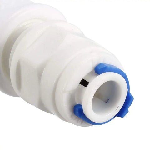 Close-up of white plastic 1/4 Inch Quick Connect Hall Effect Water Flow Switch for coffee machines and heaters.