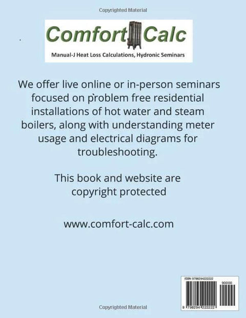 Book back cover showing Comfort Calc logo, copyright text, and barcode on a light blue background.