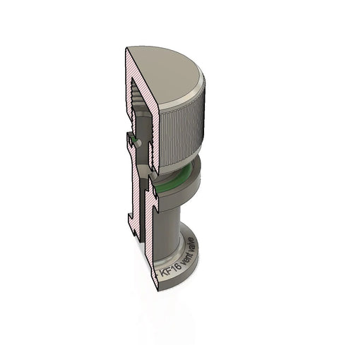 Cross-section view of ISO-KF KF16 NW16 flange vent valve with inner chamber and green gasket.