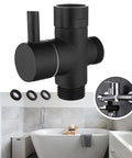 Super Tough 3 Way Shower Diverter Valve With Solid Brass Build showing black brass valve with removable nut and rubber gaskets.