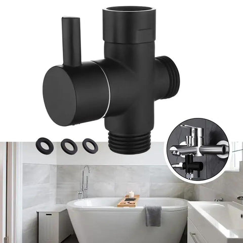 Super Tough 3 Way Shower Diverter Valve With Solid Brass Build showing black brass valve with removable nut and rubber gaskets.