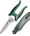 Tough As Nails Heavy Duty Tin Snips And Industrial Scissors With Serrated Stainless Blade Ergonomic Handles For Sheet Metal Cable Notch Leather Fabric Cutting Seven Eight Inch Straight Edges, 7.8 inch scissors and utility knife.