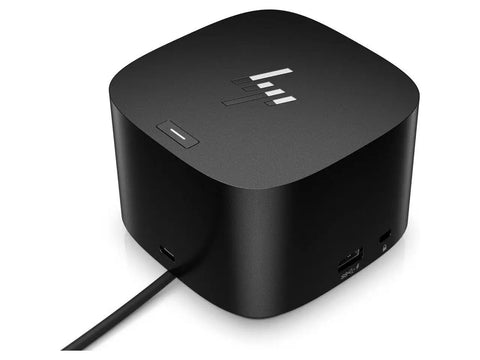 Smooth Running Thunderbolt 4 Docking Station With Dual Type C And Dual Display Links For Crisp 4K Screens, Solid Ethernet Port, Four Quick Usb A Slots, Cross Platform Magic With Snappy Built In Camera, shown from a top angle with network ports.
