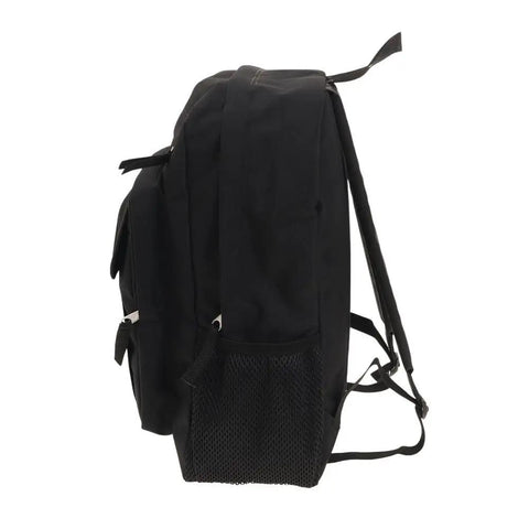 Side view of Union Pack Black Water Resistant Backpack with laptop compartment and dual water bottle pockets, EVA padded straps.